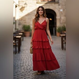 Flying Tomato Red Tiered Ruffle Maxi Dress - Medium